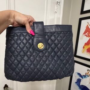 Vintage Quilted Navy Leather Shoulder Bag with Gold TurnLock gold plated straps